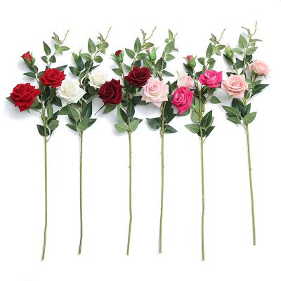 China Hot Selling Silk+plastic Flowers For Decoration 3 Head Artificial Pile Rose for sale