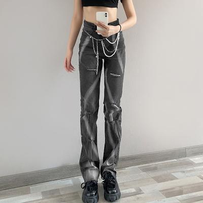 China Autumn Color Fade Proof Women Pants Spring And Waist High Slimming Printed Straight Pierced Casual Jeans Pants Street Style for sale