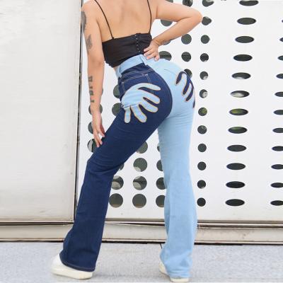 China Autumn Fashion Design Color Fade Proof Women Pants Hit Color Stitching High Waist Bag Hip Jeans Casual Pants for sale