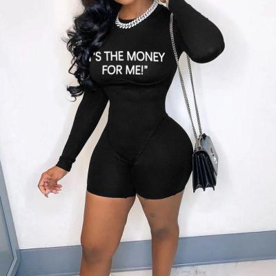 China Sexy Fashion Women Plus Size Jumpsuits Letter Print Ladies Black Tight Long Sleeve Top Overalls for sale