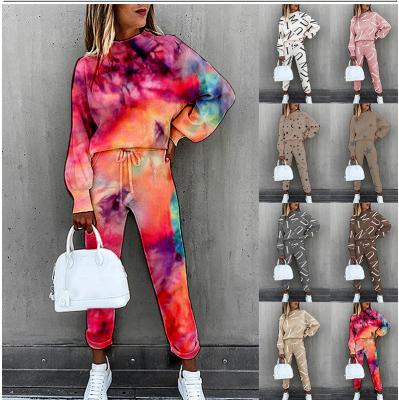 China Breathable Women Tie Dye Print Long Sleeve Fashion Letters 2 Pieces Set Womens Comfortable Casual Womens Suit for sale