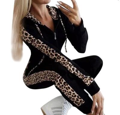 China Breathable Fashion Women's Winter Sweater Leopard Print 2 Piece Set Hooded Zipper Casual Pocket Women Plus Cashmere Women Suit for sale