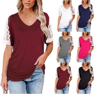 China Fashionable Women's Breathable Shirts Women's Tops Stitching Lace V-Neck Plus Size T-Shirts Sheath Ladies Blouses for sale