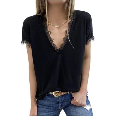 China Fashionable T-shirts V-Neck Lace Women's Breathable Tops Plus Size Women's Short Sleeves Ladies Blouses for sale