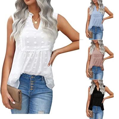 China Breathable Plus Size V-Neck T-Shirts Lace Up Chiffon Vest Women Tops Ladies Sleeveless Blouses Fashionable Women Shirts for sale