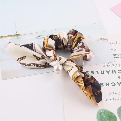 China Hair Ring Long Ribbon Rabbit Ear pearl bow hair scrunchies women headband big floral print elastic tie personalized custom printed hair scrunchies for sale