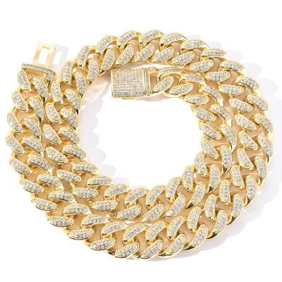 China Environmental Friendly Solid Gold 15MM Cuban Link Chain CZ Fully Iced Out Miami Necklace Hip Hop Jewelry Flip Buckle Necklace For Men for sale