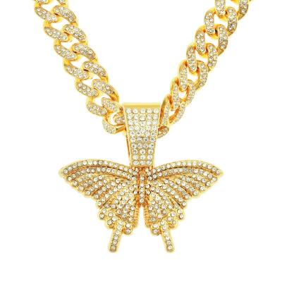 China Gold Large Environmental Friendly Punk Hip Hop Crystal Necklace Pendant 3D Butterfly Cuban Chain Necklace for sale