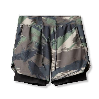 China Anti-wrinkle camouflage printed running shorts sports gym fitness shorts quick dry 2 in 1 compression mens jogger shorts for sale