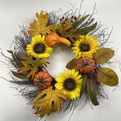 China Handmade Autumn Harvest Wreath Front Door Wall Window Decoration Berry Pumpkin Pine Cone Maple Leaves Sunflower Artificial Fall Wreath for sale