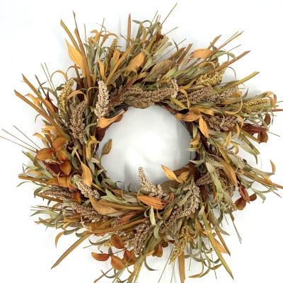 China Large Farmhouse Autumn Harvest Wreath Front Door Window Decoration Wreath Handmade Artificial Fall Harvest Wheat Straw Ear Wreath for sale