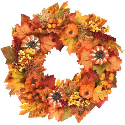 China Handmade Faux Berry Fall Harvest Wreath Maple Leaf Front Door Wall Window Decoration Autumn Pumpkin Maple Leaves Artificial Wreath for sale