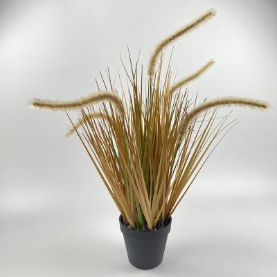 China Mini Artificial Potted Fall Onion Indoor Outdoor Home Grass Ornament Decor Faux Rattlesnake Shrubs Wheat Plant Handmade Yellow Grass Pot for sale