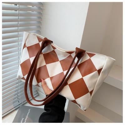 China High Quality Lady Large Cotton Canvas Plaid Pattern Tote Bag From Lady Direct Factory Wholesale for sale