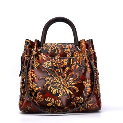 China Fashion autumn and winter cowhide handbags brands china embossed floral handbags 2020 women lady leather tote bag for sale