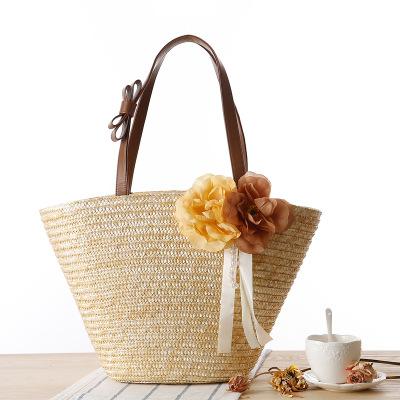 China Fashion Natural Cotton Lining Flower Decoration Wheat Straw Bag Women Weave Tote Bag Handbags For Summer Beach Vacation for sale