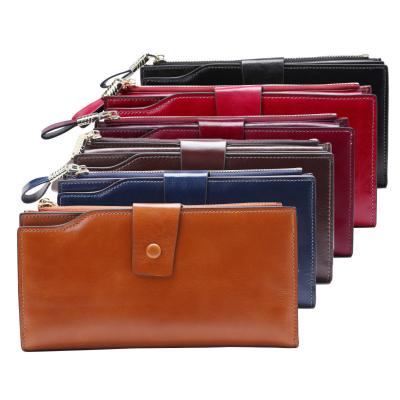 China Cowhide Leather Fashion Layered Women Genuine Leather Wallet For Long Cell Phone Female Pocket Women Latch Oil Wax Leather Lady Coin Purse Card Holder for sale