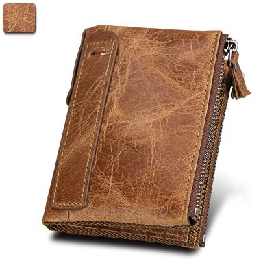 China Genuine Leather Zipper Young Man's Wallet Anti-theft Short Style Premium Leather Bag Anti-theft Double ID Card Bag for sale