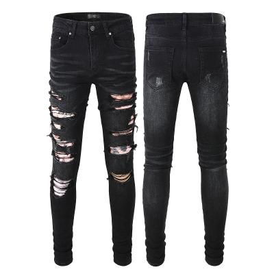 China QUICK DRY Amirys Black Motorcycle Jeans Pants 2022 Trend Letter Angel Printing Slim Jeans Hip Hop Men Distressed Amirys Jeans Men for sale