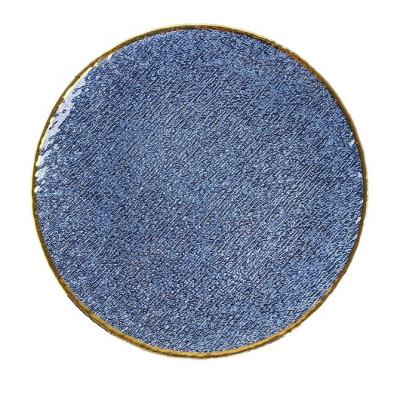 China Sustainable Blue Glass Platter Wedding Decoration Dinner Plate Glass Charger Plates with Gold Rim for sale