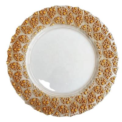 China Sustainable Wedding Decoration Clear Gold Glass Dish Dinner Plate Glass Charger Plates for sale