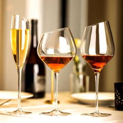 China Lead free and long stem Slanted Crystal Stem Burgundy Wine Glasses Slanted Glass Champagne Flutes for sale