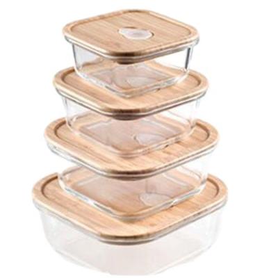 China Sustainable Vented Airtight Bamboo Wood Lid High Borosilicate Glass Food Storage Container Set with Vented Wood Lid for sale