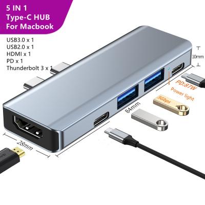 China YG-2102 5IN2 Type-C to PD USB3.0/2.0 Thunderbolt 3 HDMI 4K@30Hz Aluminum Alloy 5in1 Type-C Hub For Macbook 2103 for sale