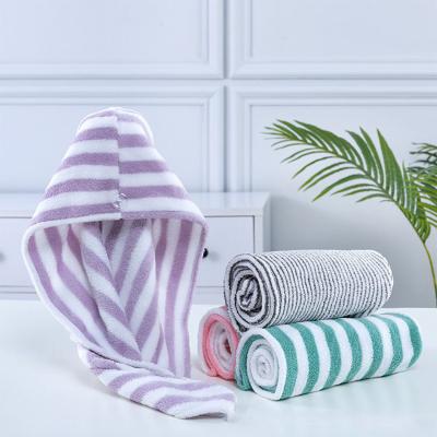 China Wholesale QUICK DRY Flannel Stripe Microfiber Fashion Water Absorbent Hari Drying Wrap Towel for sale