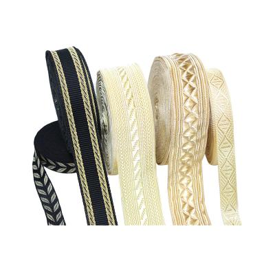 China Custom Woven Elastic Gold Ribbon Webbing Belt Webbing Strap Webbing Polyester Woven Custom Webbing for sale