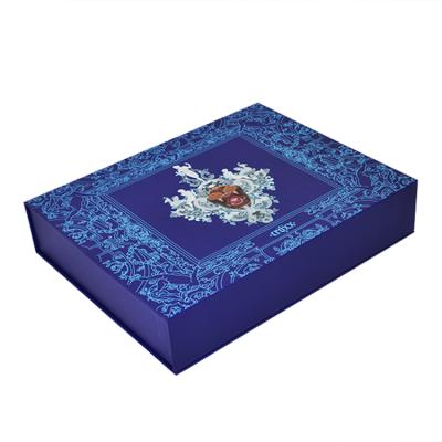 China Recycled Materials Anti-scratch Hardcover Book Cardboard Blue Gift Set Magnetic Cosmetic Perfume Packaging Box With Store for sale