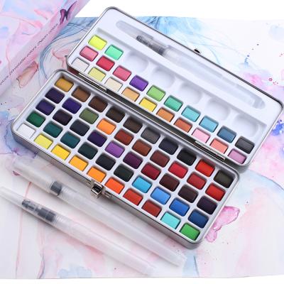 China 50/72/90/100 Non-Toxic Solid Colors Watercolor Paint Set Including Metallic Neon Colors Water Brush Pen Sponge Watercolor Palette for sale