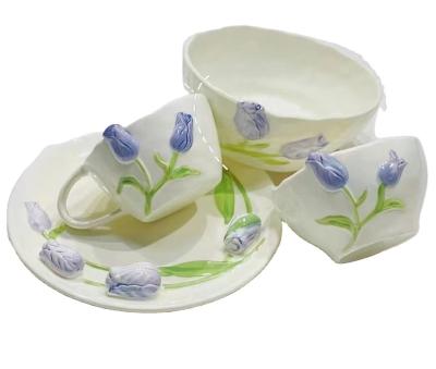 China Sustainable 4Pcs Colored Flower Tableware Sets Hand Painted Tulips Ceramic Cups for sale