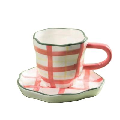 China Sustainable Ceramic Mug With Hand Painted Design Milk Cup Set With Saucer for sale