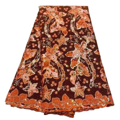 China Durable Mixed Color Flower Embroidered Velvet Lace Fabric with Sequins and Stones for sale
