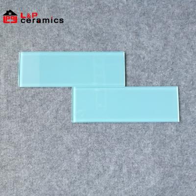 China Parquet 4x12 aqua blue subway glass slab for backsplash, kitchen, bathroom, shower for sale