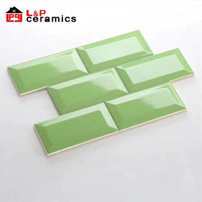 China Glazed Elegant Glossy Beveled Green Ceramic Metallic Tiles USA Subway 3x6 Tile For Kitchen Backsplash, Bathroom Shower Wall for sale