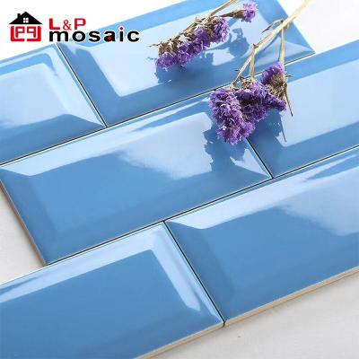 China Glazed Elegant Sky Blue 3x6 Shiny Beveled Beveled Tile From USA Ceramic Metallic Tiles For Kitchen Backsplash, Bathroom Shower Wall for sale