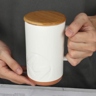 China Viable Custom Logo Artwork Drinkware Milk Tea Coffee Mug Straight White Ceramic Mug With Wood Lid for sale