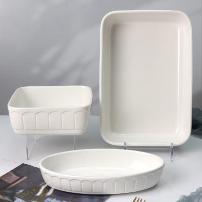 China Sustainable Kitchen Custom Oval Rectangular Bakeware Embossed Serveware White Ceramic Pasta Bowl Set for sale