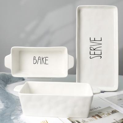 China Sustainable Custom Kitchen Ceramic Bakeware Set Handle Oven Dishes Serving Tray Rectangular Baking Dishes for sale