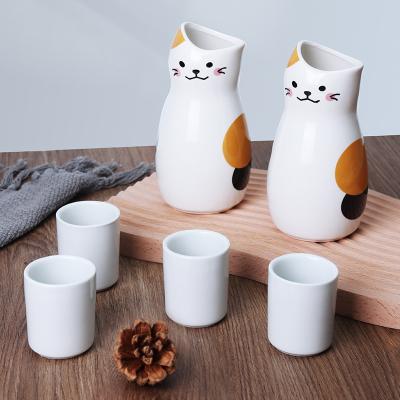 China Creative Custom Minimalist Japanese Style Cat Design Gift Ceramic Wine Bottle Cups Serving Porcelain Sake Set for sale