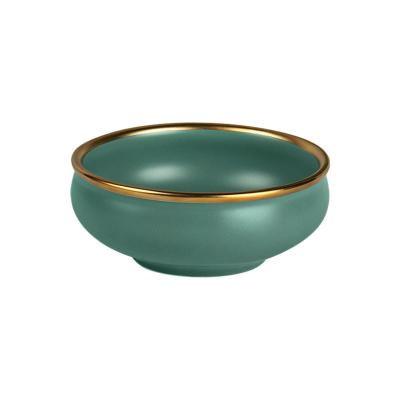 China Nordic Wholesale Bulk Viable Porcelain Dinner Salad Bowl Gold Rim Matte Green Ceramic Shallow Pasta Bowls for sale