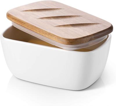 China Sustainable Custom Made East West Coast Butter Container Cover Wooden Lid Porcelain Butter White Dish for sale