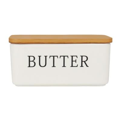 China Ceramic Butter Storage Box Covered By Bamboo Lid Viable Airtight Keeper Container Porcelain Butter Dish for sale