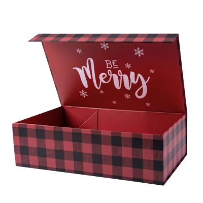 China Custom Christmas Red and Black Buffalo Plaid Recycled Materials Collapsible with Magnetic Gift Box for sale