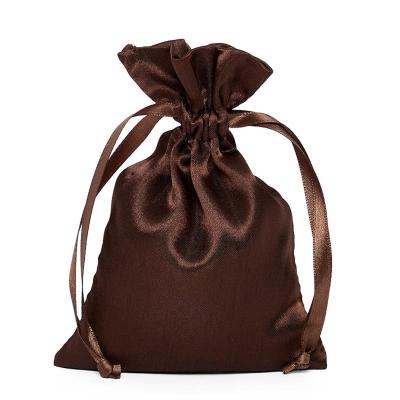 China Elegant Gift Dark Brown Satin Silk Fabric Small Drawstring Bag For Necklace Packaging for sale