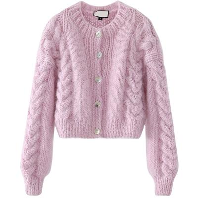 China 2021 Anti-wrinkle Fashion Fuzzy Mohair Cardigan Winter Cable knit women knitted sweater cardigan for sale