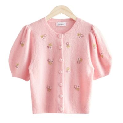 China Customizable Pink Anti-wrinkle OEM Lantern Half Sleeves Bead Sequin Flower Hand Sewn Women Knit Cardigan for sale