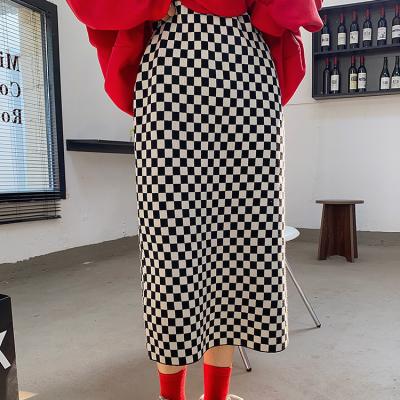 China Wholesale Breathable Back High Fashion Checkerboard Jacquard Split Womens Knitted Long Skirt for sale